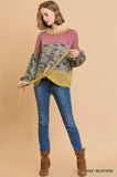 Umgee Heathered Knit and Camo Print Long Puff Sleeve with Waist Tie Top