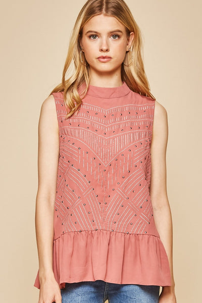 Andree by Unit Flowy Mock Neck Embellished  Sleeveless Top