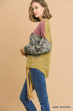 Umgee Heathered Knit and Camo Print Long Puff Sleeve with Waist Tie Top