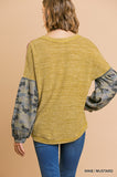 Umgee Heathered Knit and Camo Print Long Puff Sleeve with Waist Tie Top