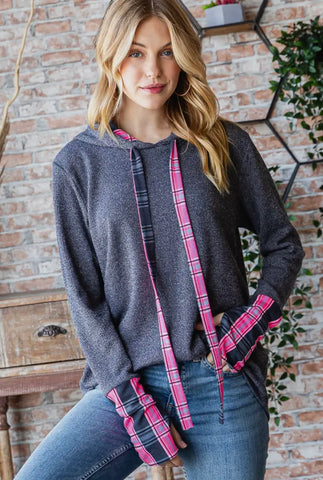 7th Ray Gray Hoodie With Pink Plaid Accents