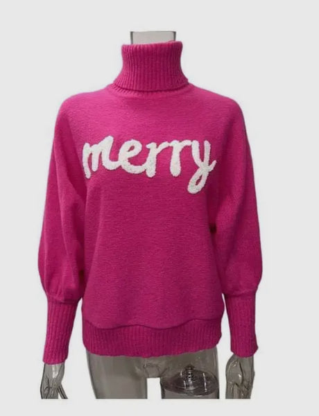 Liam & Co.  MERRY Hot Pink Turtleneck Sweater