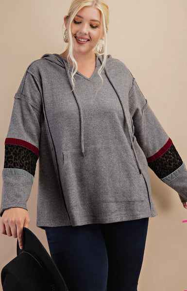 Kori Charcoal Hoodie with Leopard Accented Sleeve-PLUS SIZE