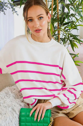 Vine and Love White and Pink Striped Crew Neck Sweater