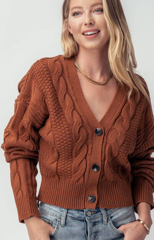 Q2 Cable Knit Drop Shoulder Terra Cotta Cardigan