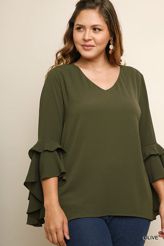 Umgee Ruffle Bell Sleeve V Neck Top-PLUS SIZE