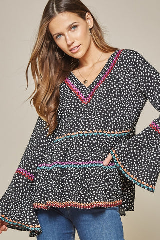 Savannah Jane Black and White Leopard Babydoll Tunic with Embroidered Accents