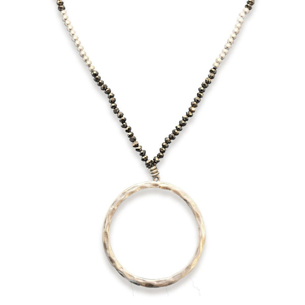 Meghan Browne Amy Hematite Circle Pendant Long Necklace