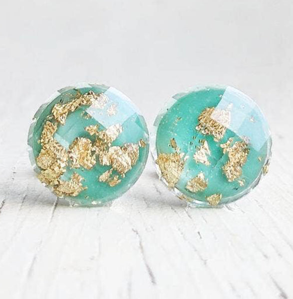 Jenna Scifres Mint Resin with Gold Flakes Stud Earrings