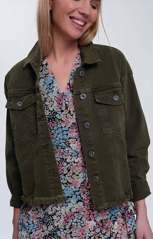 Q2 Raw Hem Olive Denim Jacket