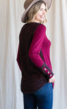 7th Ray Cranberry Cozy Brushed Knit Top with Contrast Striped Back and Sleeves