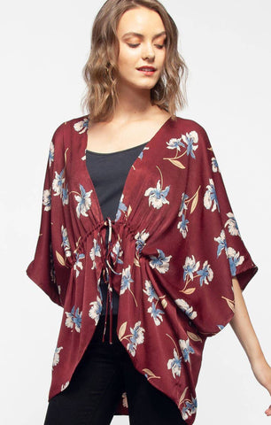 Pleione Burgundy Floral Tie Front Kimono