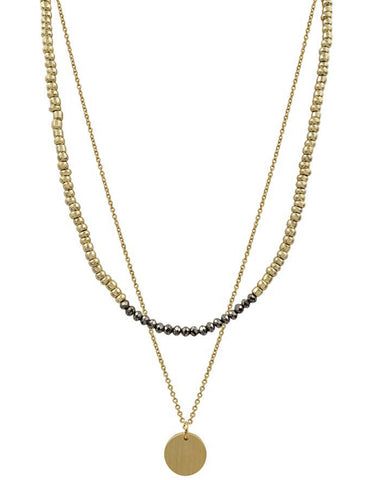 Meghan Browne Bates Two Strand Hematite crystal Necklace with Round Disk Pendant