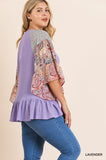 Umgee Floral Paisley Mixed Print Bell Sleeve Waffle Knit Top with Ruffle Trim-PLUS SIZE