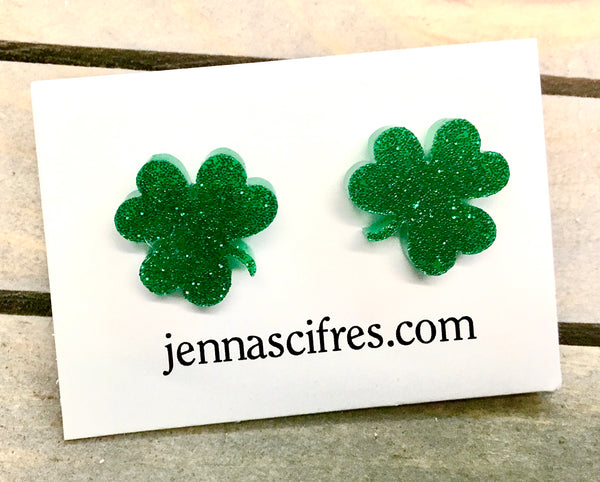 Jenna Scifres Glitter Green Clover Stud Earrings