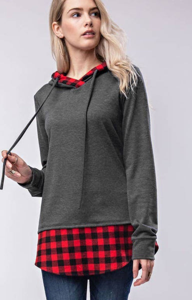 12 PM Grey Hoodie Detailed with Red Buffalo Plaid