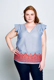 Renee C V-Neck Ruffled Cap Sleeve Top with Red and Pink Embroidery-PLUS SIZE