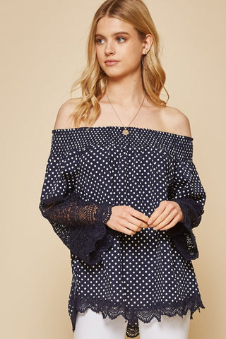Andree by Unit Navy Polka Dot Off Shoulder Top with Lace Bell Sleeve-PLUS