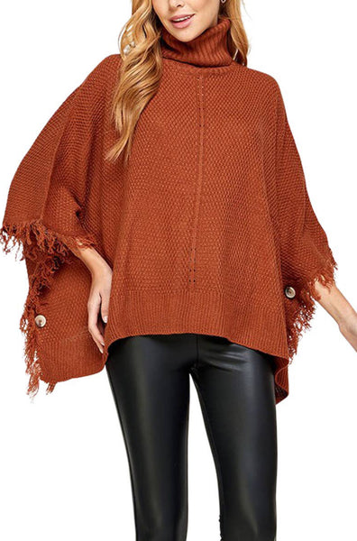 Zoey Terracotta Turtleneck Poncho with Button Details