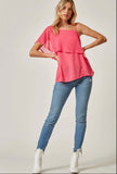 Andree by Unit Pink Sorbet Swiss Dot Mixed Shoulder Top