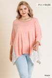 Umgee Heathered Round Neck Top with Lace Sharkbite Hem-PLUS