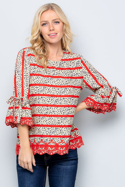 See & Be Seen Leopard Striped Lace Scalloped Bell Sleeve Top