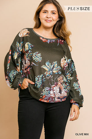 Umgee Floral Thermal Knit Long Sleeve Top-PLUS SIZE
