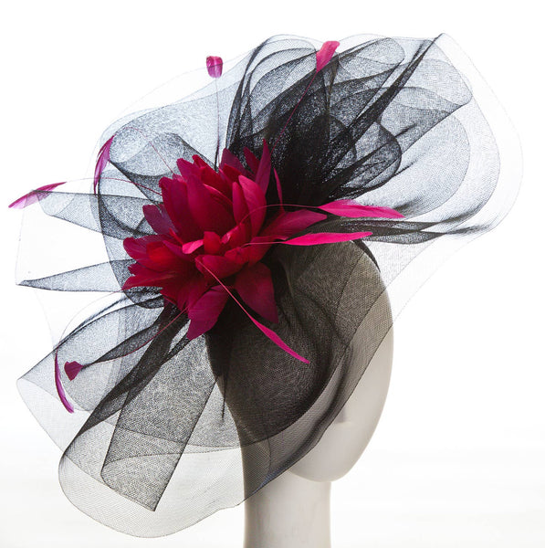 Giovannio Jean Large Black Magenta Fascinator Hat with Feather Accents