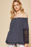 Andree by Unit Navy Polka Dot Off Shoulder Top with Lace Bell Sleeve-PLUS