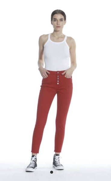 Vigoss Red Ace High Rise Exposed Botton Fly Raw Hem Stretch Jeans