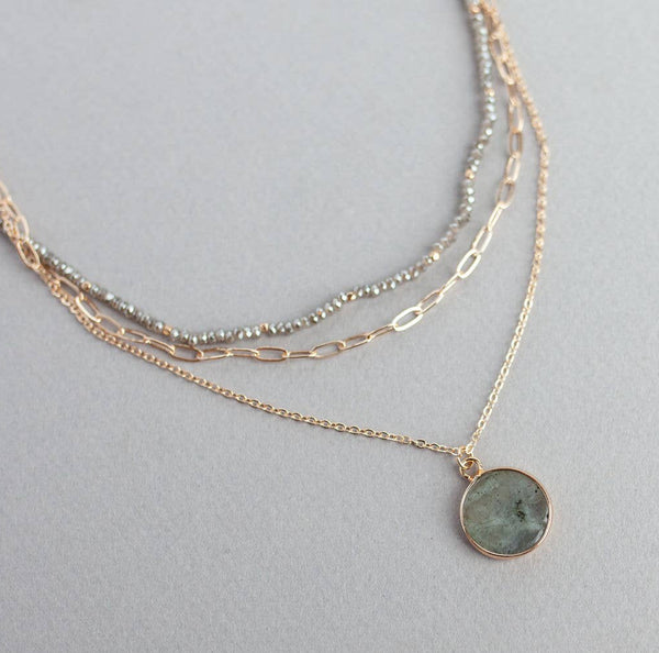 Meghan Browne Cruise Three Strand Gold Link Gray Crystal Necklace with Labradorite Pendant